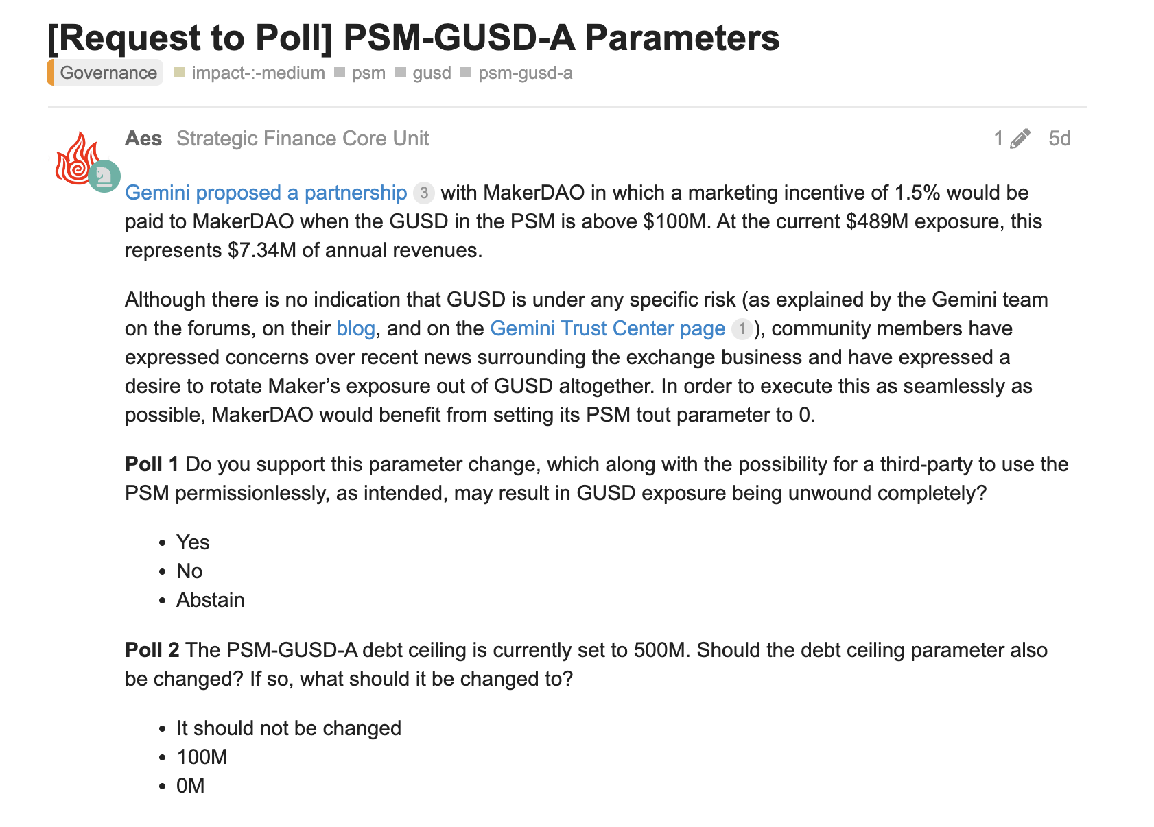 MakerDAO Governance Polls regarding GUSD