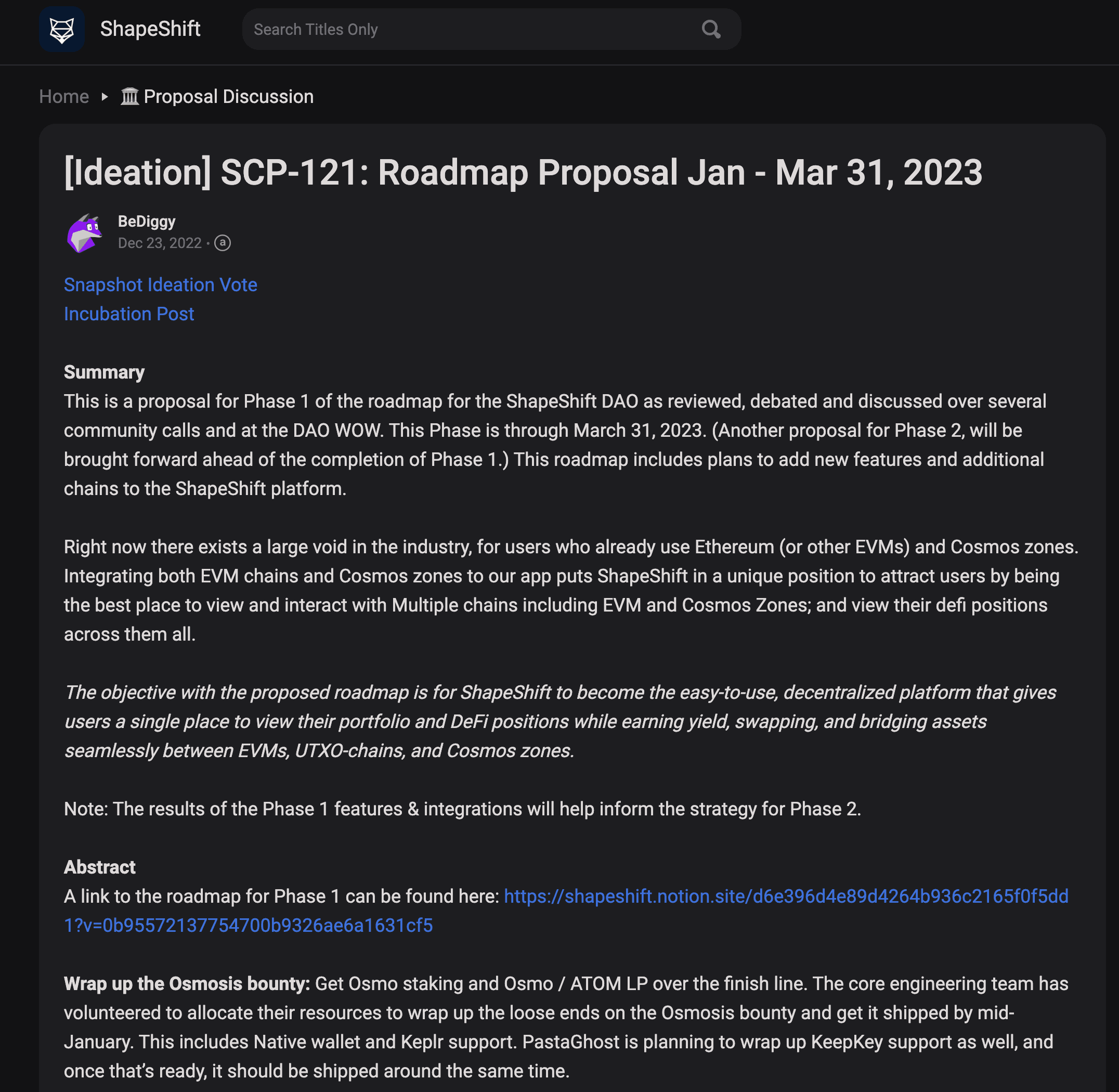 ShapeShift Roadmap Phase 1 Proposal